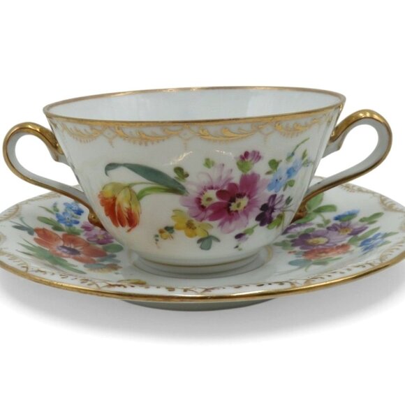 RK Richard Klemm DRESDEN Double Handled Soup Cup and Saucer Germany Vintage - Picture 1 of 10